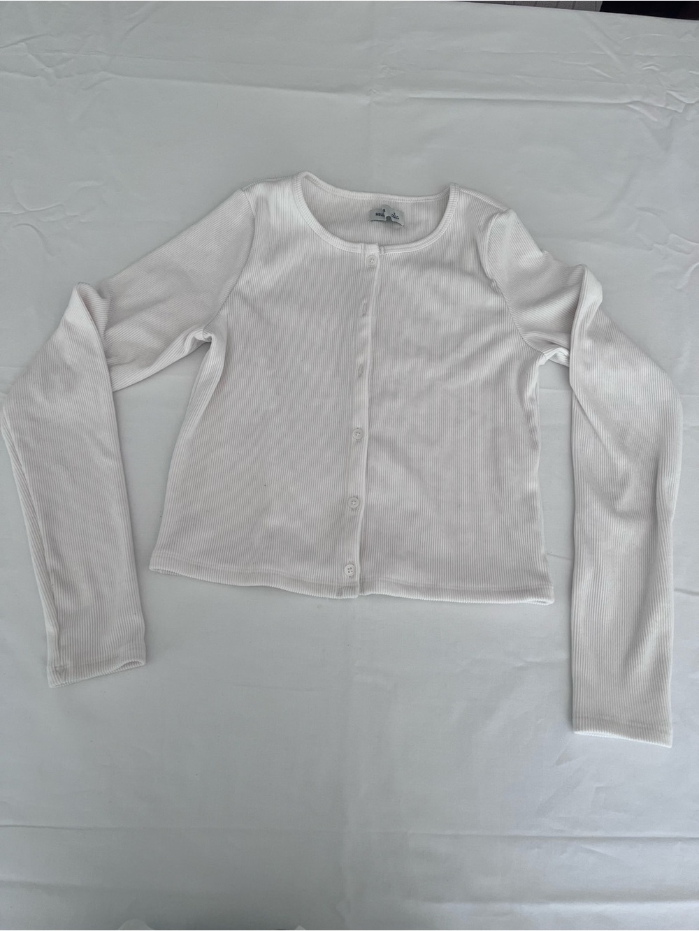 White Ribbed Button-Front Long Sleeve Top Hollister